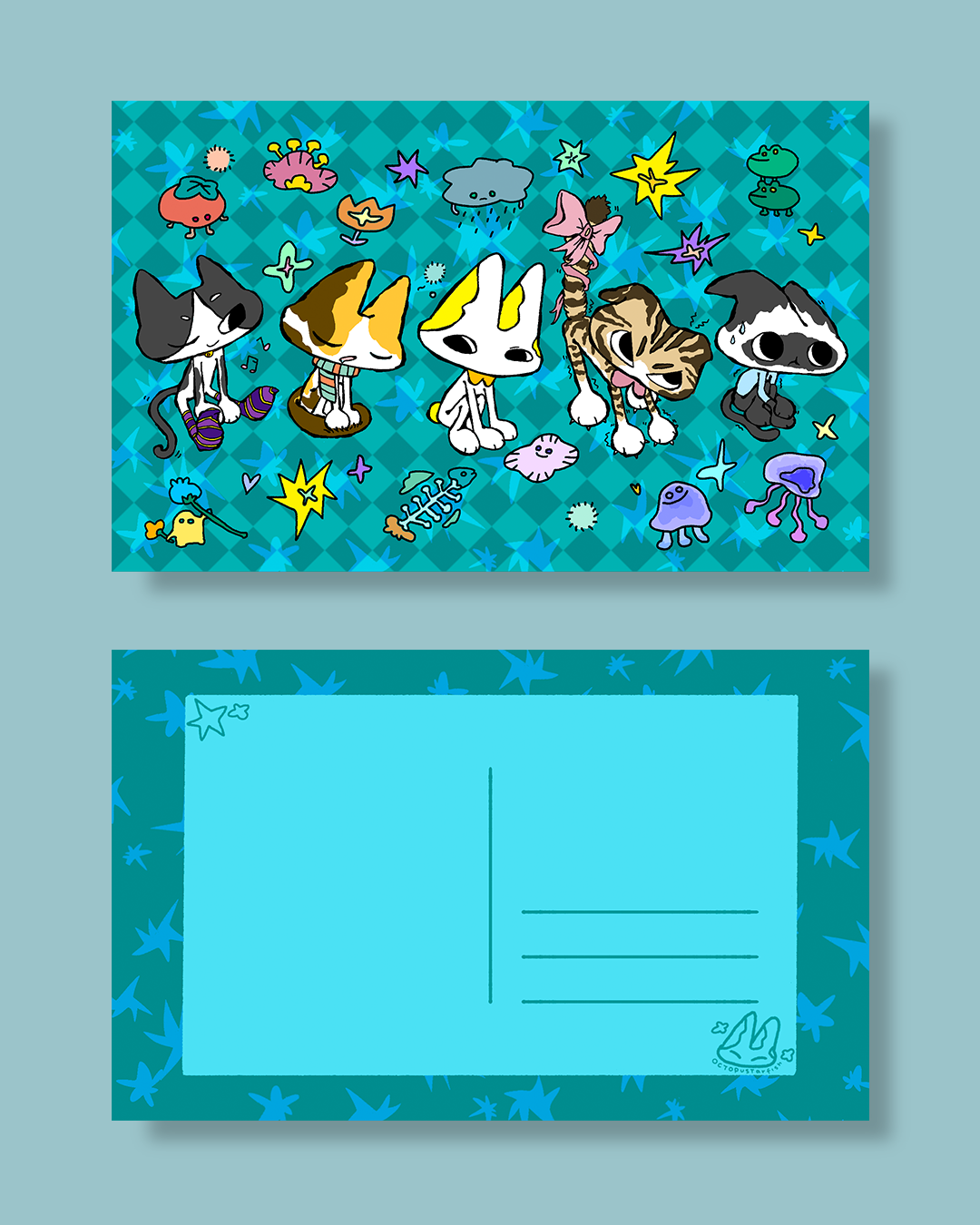 Moss and cats blue&green postcard