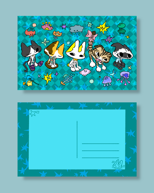 Moss and cats blue&green postcard