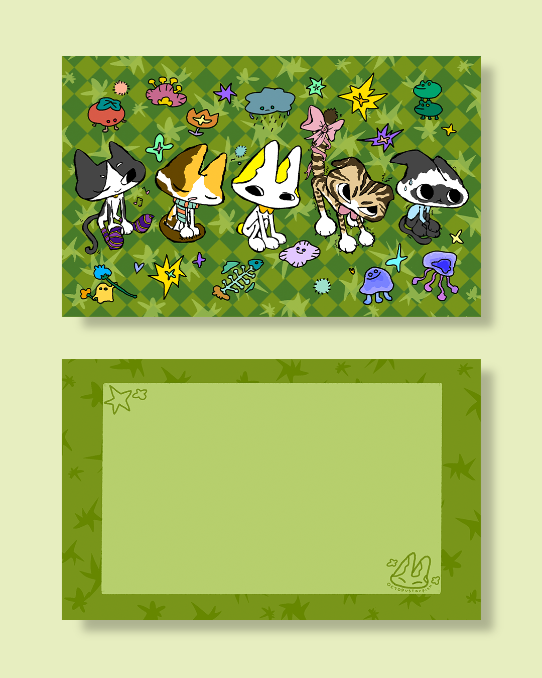 Moss and cats blue&green postcard